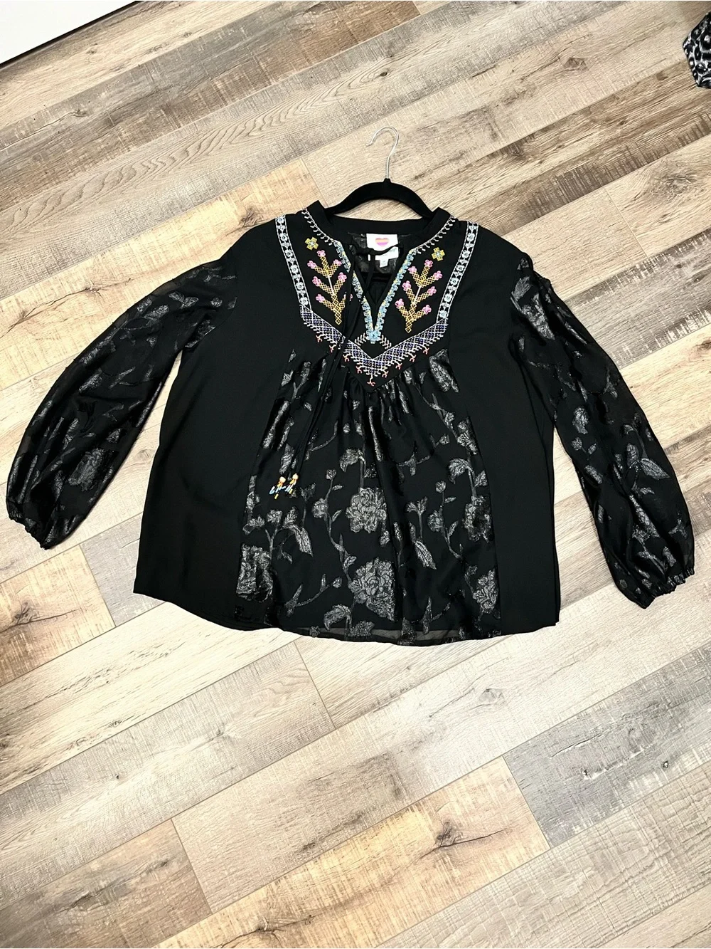 Black Embroidered Peasant Blouse with Beaded Tie and sheer jacquard sleeves M